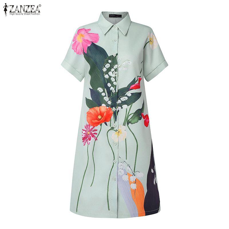 ZANZEA Women Casual Turn Down Collar Short Sleeve Print Shirt Dress