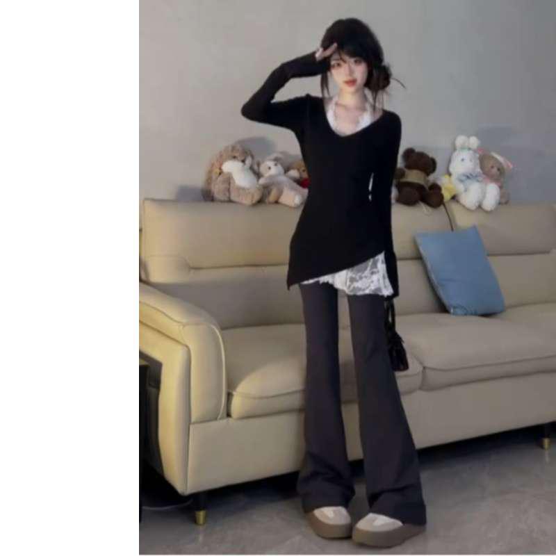 Women s High-End Lace Layered Two-Piece Spring Set S двухкомпонлектный топ