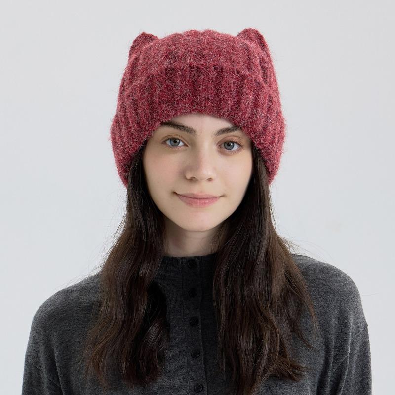 Personality cute cat ear solid color pullover knitted wool cold hat thickened warm autumn and winter hat schoolgirl