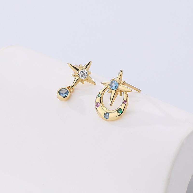 925 Sterling Silver Asymmetric Colorful Zircon Star Stud Earrings French Fashion Simple Jewelry Accessories for Women