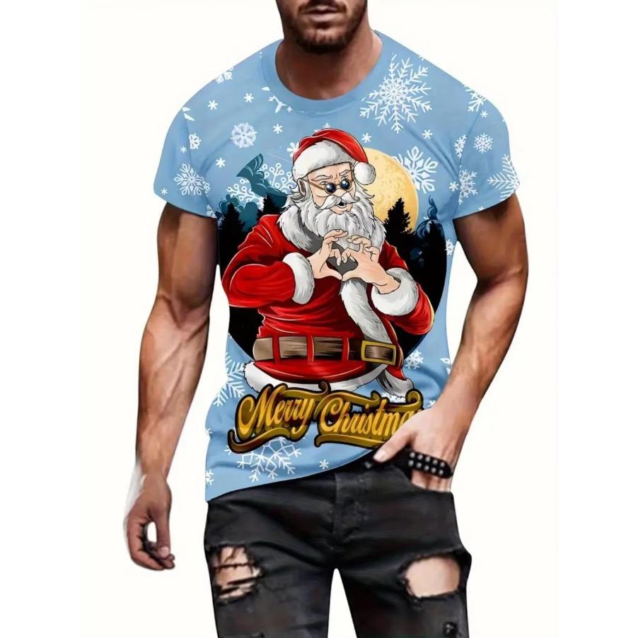 Funny Men's T-Shirts Santa Claus Christmas Oversized Short Sleeve with Snowflakes Print Red Casual O-Neck Outfit Men Clothing
