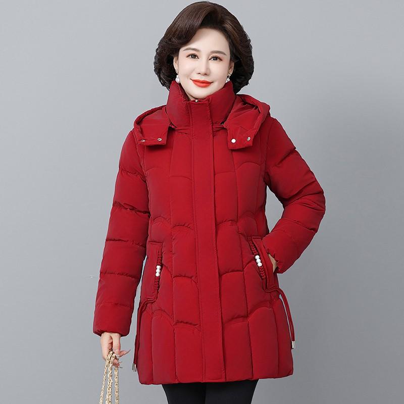 Women's Winter Thickened Down Cotton Parka Hooded Quilted Long Coat with Pockets for Middle-Aged Women