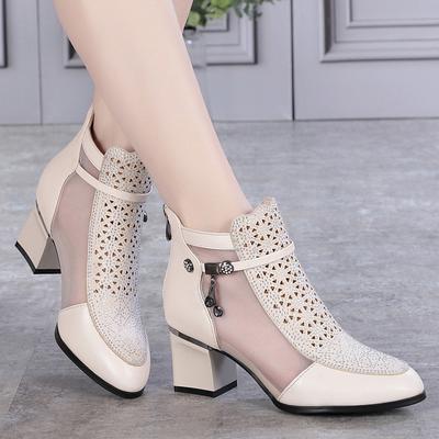 Women Mesh Short Boots Summer Middle Heel Hollow Breathable Shoes Mother Rhinestone Back Zip Thick Heel Large Size High Heels