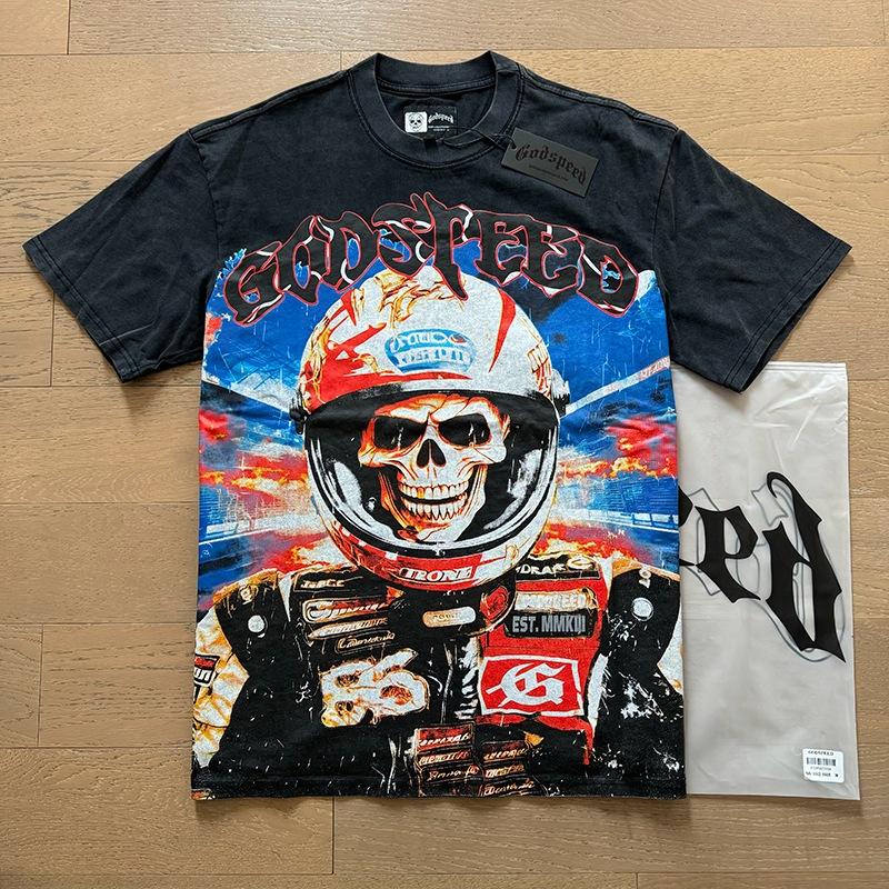 Godspeed retro printing foreign trade beauty tide high street men and women casual trend hip hop apricot old short sleeve T-shirt