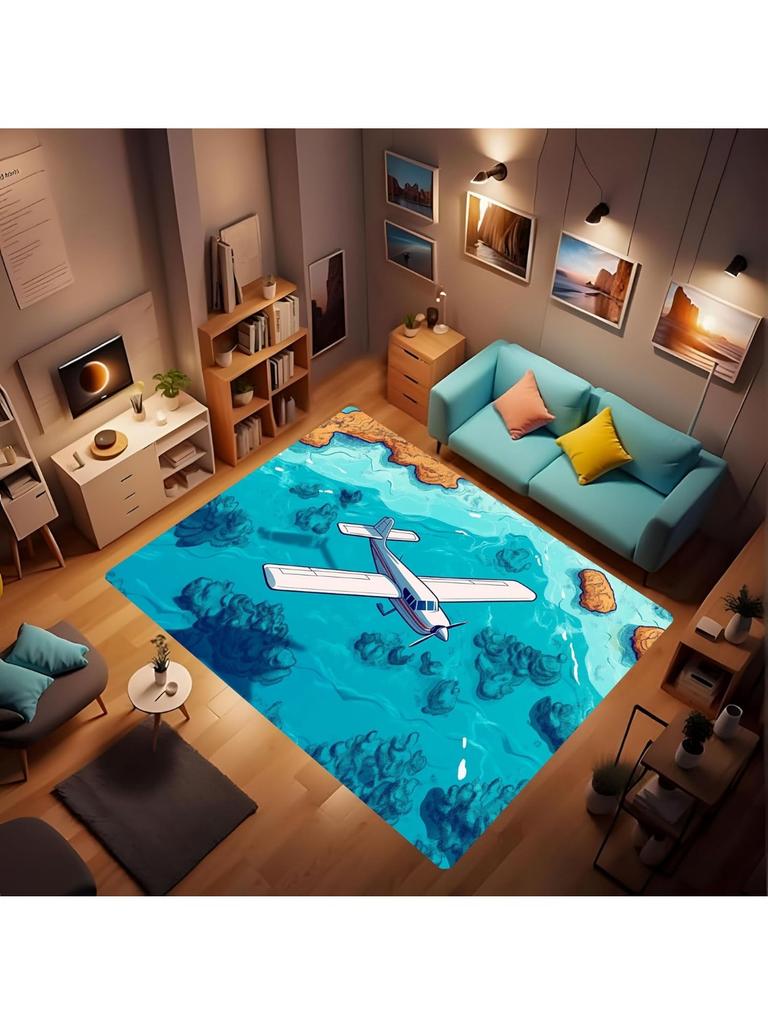 Soft Airplane Area Rug, Area Foldable Rectangular Rug, Cartoon Airplane Print Rug, Washable Rug with Rubber Non-Slip Rug