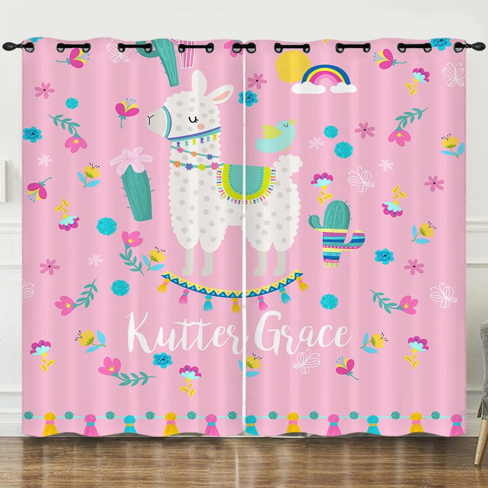 Curtain Cartoon Animal Alpaca 3D Digital Printing Blackout Curtain Punching 2pcs*97cm*114cm*2