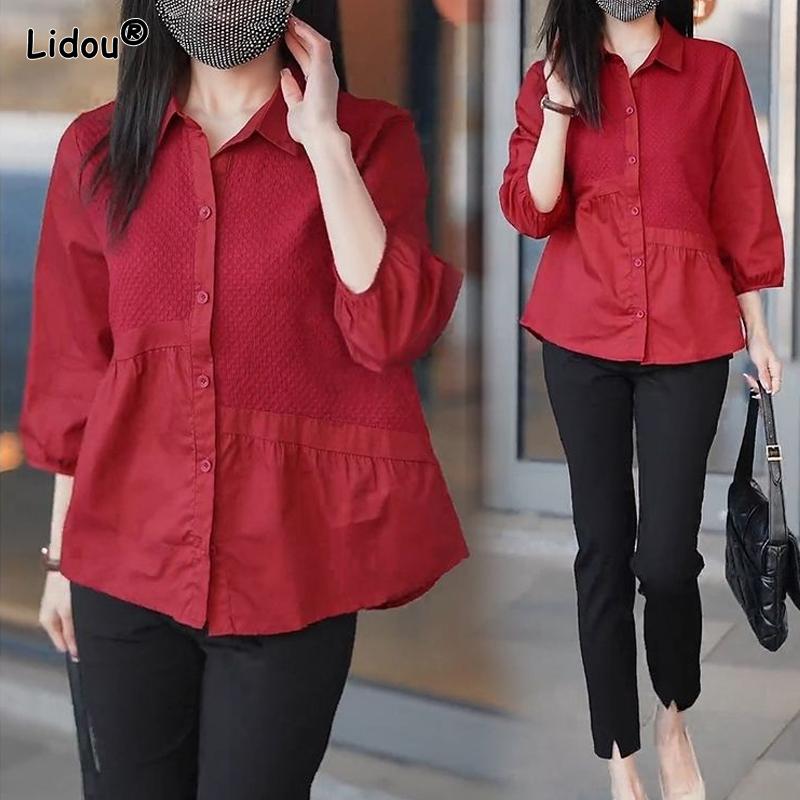 

2023 Женская одежда Интеллектуальная Весна Лето Отложной воротник Повседневная Пуговица Рукав три четверти Однотонные Асимметричные Блузки 3XL красный