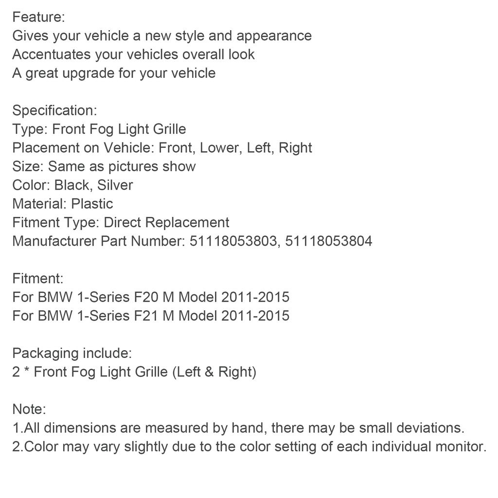 2 STÜCK Stoßstange Nebelscheinwerfer Abdeckung Blende Grill Gitter Passform BMW F20 F21 2011-2015 M