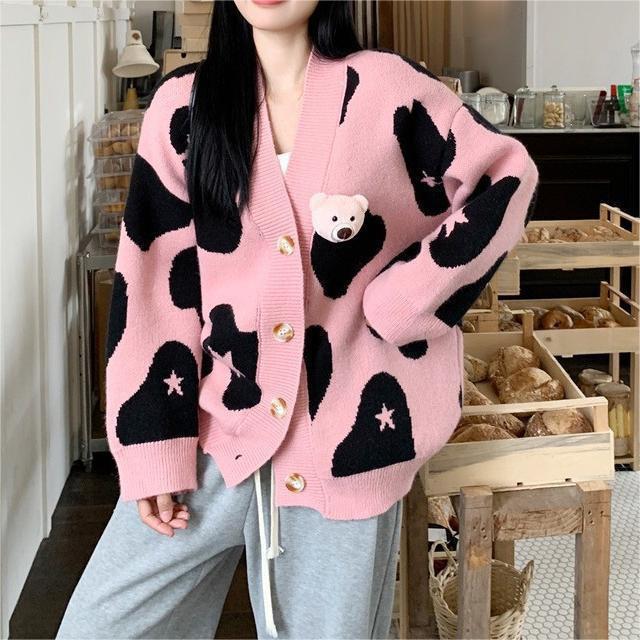 

Women s Korean Style Bear Design Color Block Knit Cardigan - Soft, Loose, and Slimming for Autumn and Winter One Size чёрный/розовый