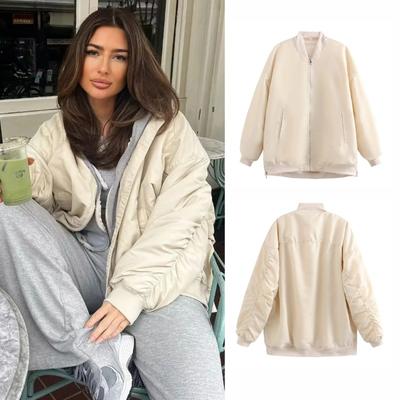 Autumn and Winter Loose Zipper Flying Cotton Jacket Solid Color Long Sleeved Women's Coat Thickened  Warm Cotton Outerwear