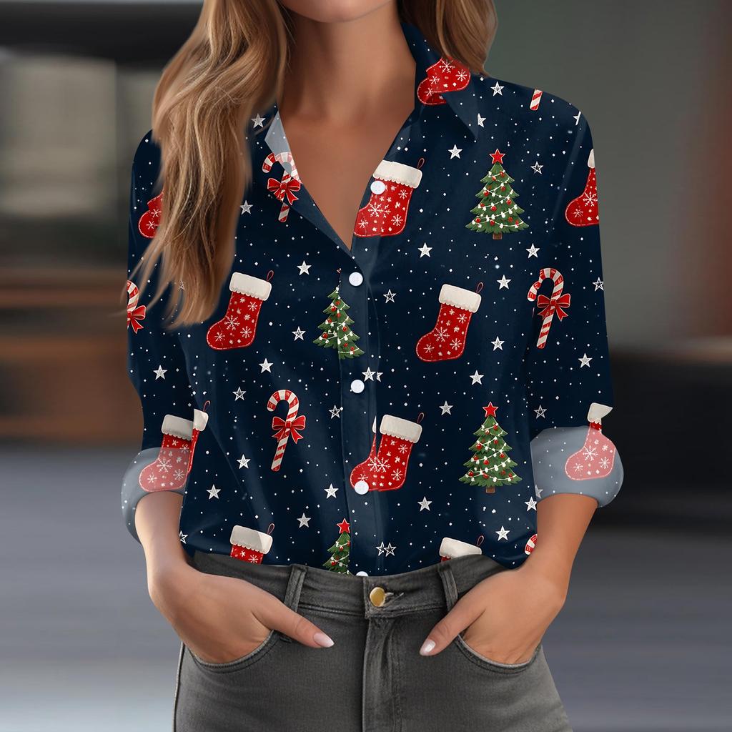 Women's Christmas Print Long Sleeve Casual Button Down Shirt Top