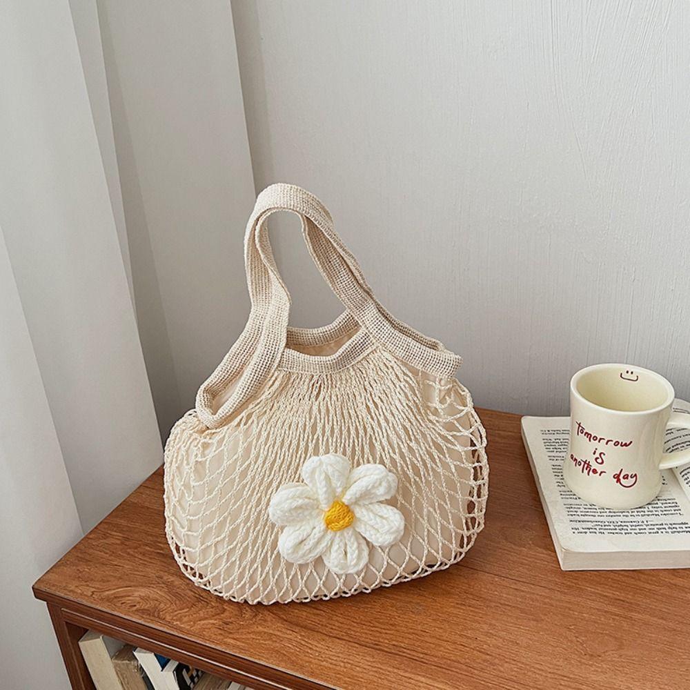 Large Capacity Hollow Out Weave Bag Flower Nylon Mesh Tote Bag Foldable Woven Handbag Shopping Bag
