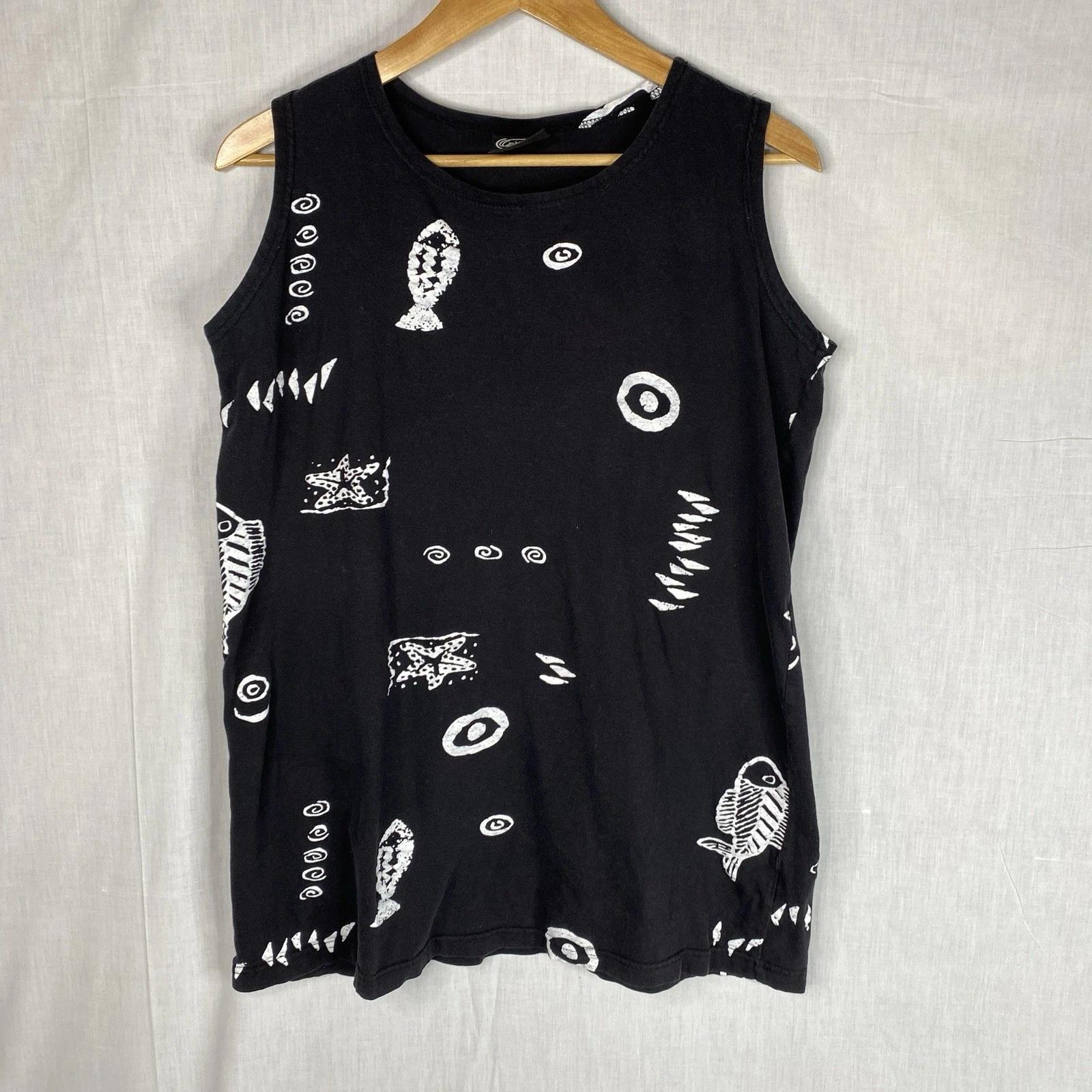 

Exist Sports Line Tank Tee Size M Black Cotton Batik Fish Print Beach Artsy Boho S