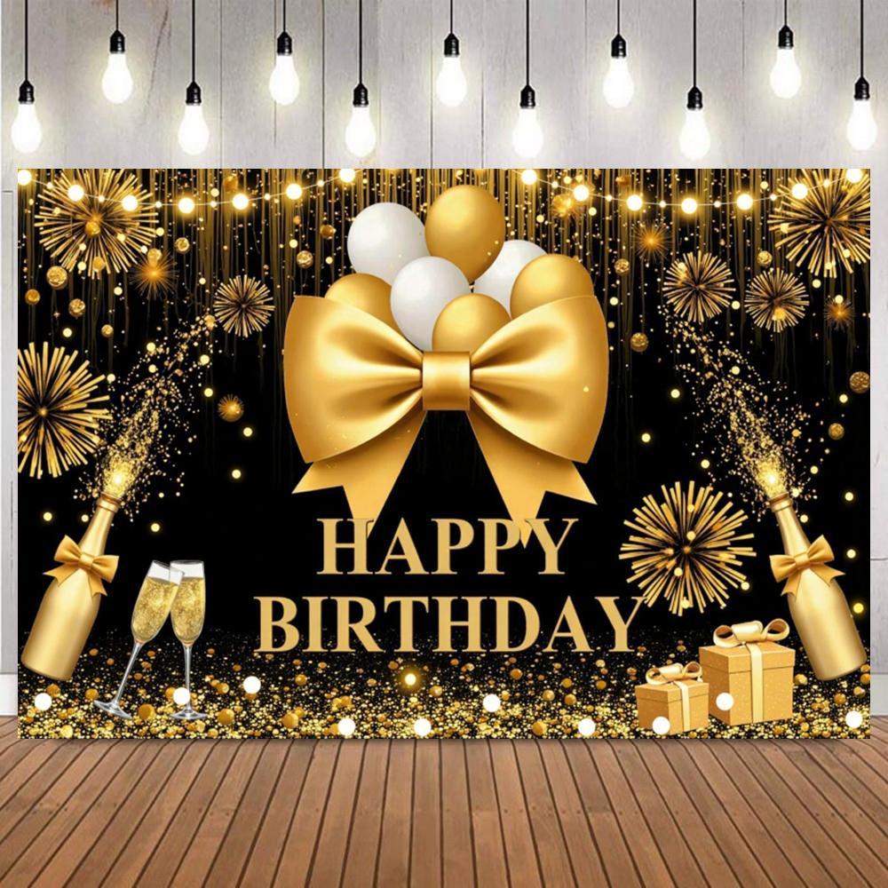 Happy Birthday Luxury Black Gold Backdrop 30th 40th 50th 60th Birthday Party Decor Banner Photography Background Studio Props