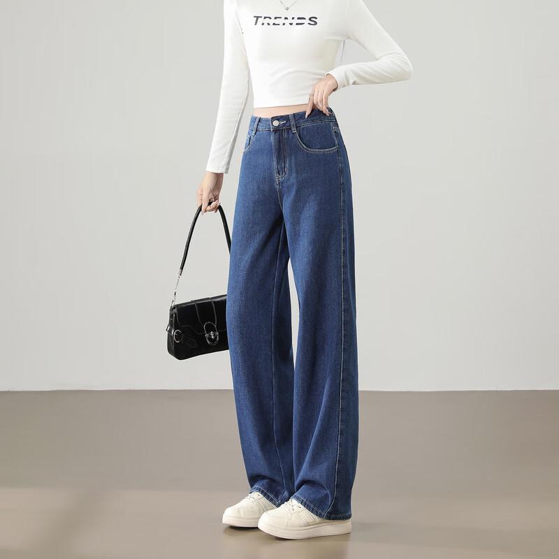 

TonLion Women s Fleece-Lined Loose Fit Contrast Stitch Dark Denim Jeans 27