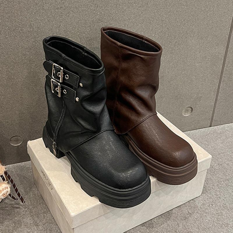 Cowhide version~ New small height-increasing round trousers women's boots short Martin boots women's thick-soled knight boots