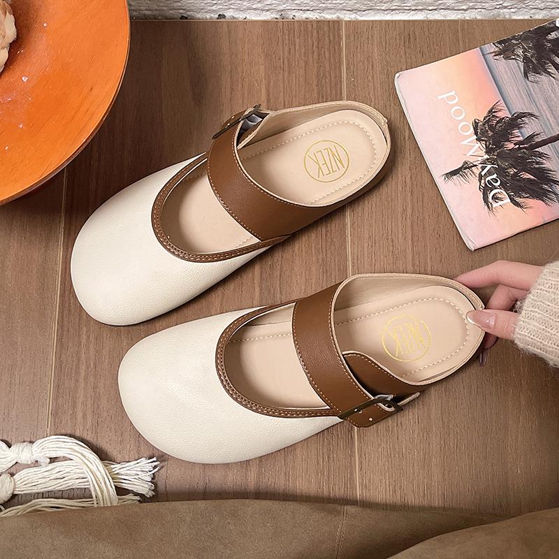Women's Baotou Slippers Spring New Round Head Shallow Mouth Metal Buckle Soft Sole Anti-slip Wear-resistant Flat Shoes
