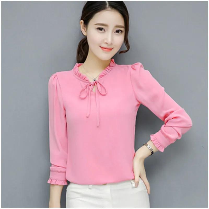 Frühling Herbst Frauen Chiffon Tops Büro Arbeit Weibliche Mode Shirts Stehen Neck Puff Langarm Blusen Rosa Weißes Hemd Top
