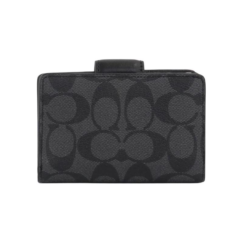 Coach Corner Zip13 Classic Presbyopic Color Block Carriage Snap Folding Coated Canvas with Leather Card Holder Wallet Mini Women's Khaki with Black