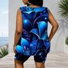 Women Plus Size Navy Blue Floral Printed Scoop Neck Sleeveless Tank Top And Shorts Two Piece Set