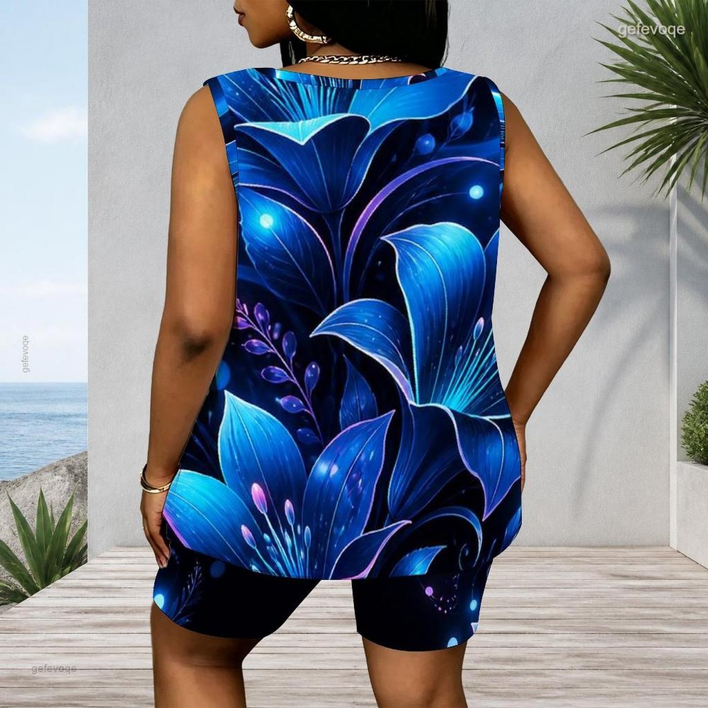 Women Plus Size Navy Blue Floral Printed Scoop Neck Sleeveless Tank Top And Shorts Two Piece Set