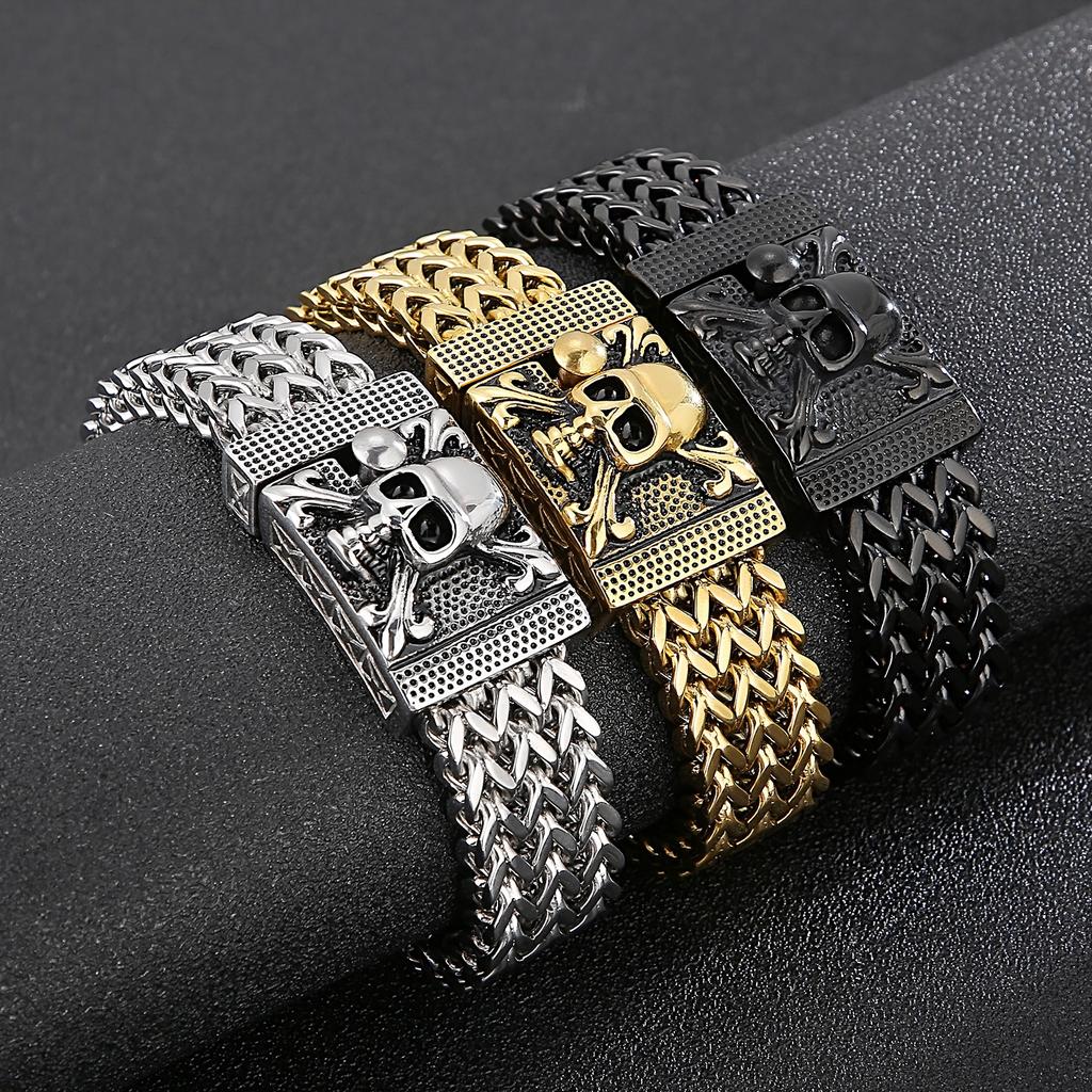 Kalen Vintage Braided Stainless Steel Bracelet Men's Chunky Skull Wristband Bracelets Punk Gold Color Mesh Male Trend Jewelry