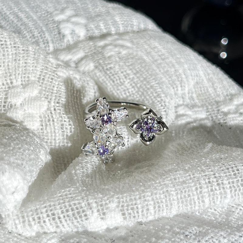 

2026 Colored Diamond Starlight Flower Light Luxury Purple Diamond Sweet Cool Ring Female Ins Cold Style High-end Sense Versatile Index Ring Ring Resizable