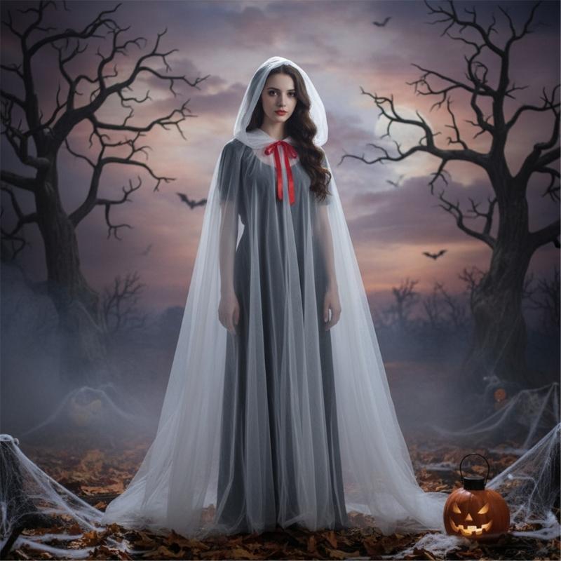 Elegant Transparent Witch Costume Cloak for Adults Teens Halloween Party Role Play Dressing Up