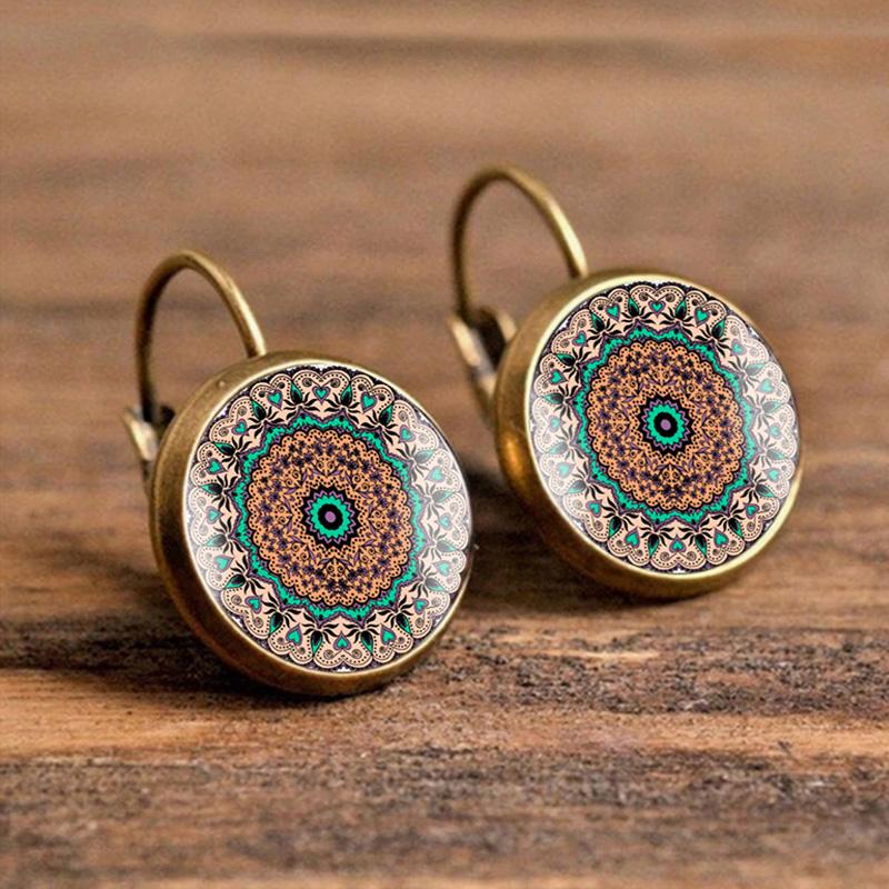 SUTEYI Charm Henna Yoga Amulet Ladies Earrings Round Glass Cabochon Earings Jewelry Bohemian Mandala Earrings For Women