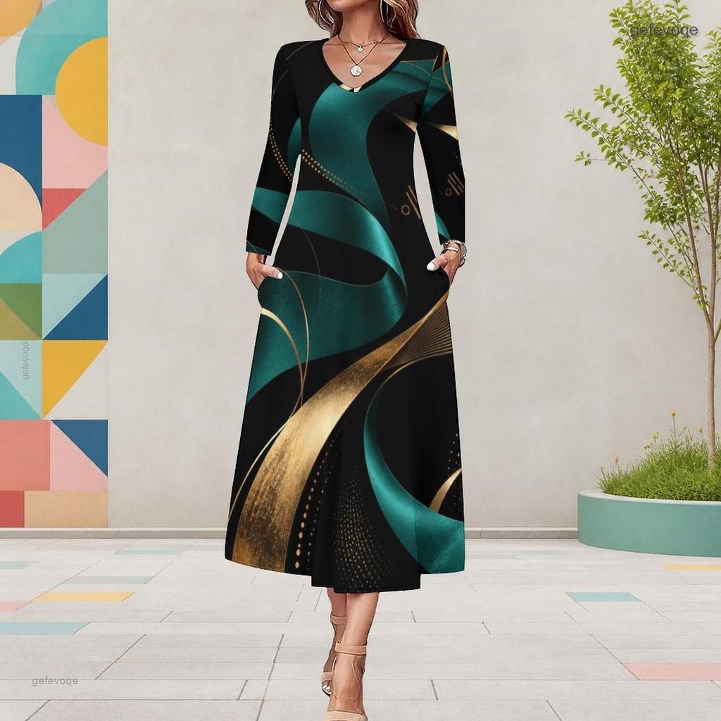 Women Plus Size V Neck Long Sleeve Halloween Printed A Line Midi Dress With Pockets