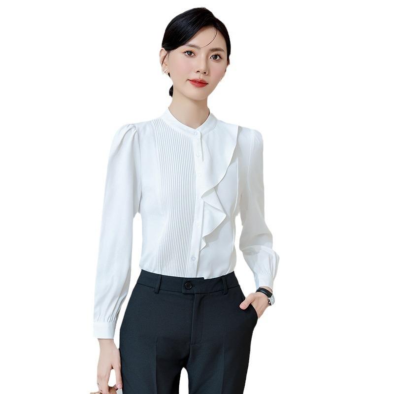 2024 Elegant White Chiffon Blouse - Women's Slimming Long Sleeve Shirt for Spring & Autumn