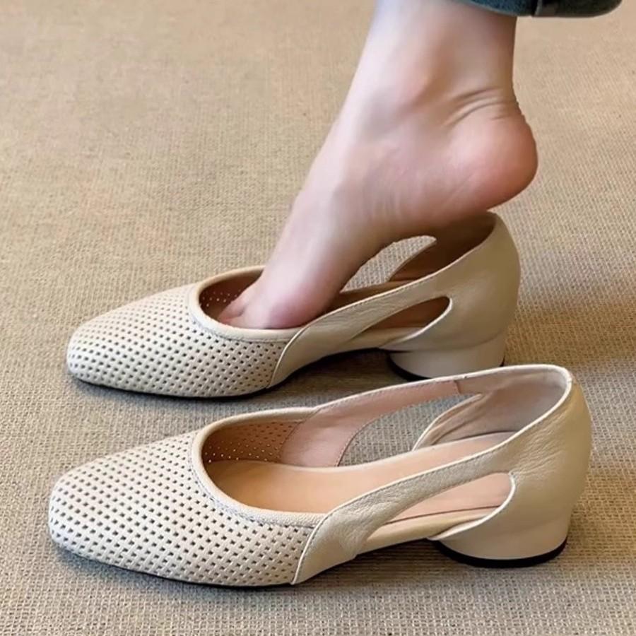 Soft leather version~ French cool single shoes women's square head hollow hole shoes retro shallow mouth hollow breathable Mary Jane shoes