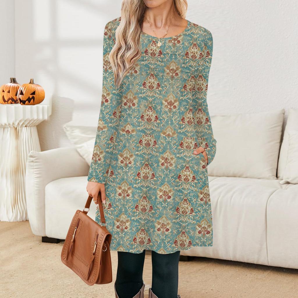 Rochie cu mânecă lungă pentru femei Toamnă Casual Tricou Croială lejeră Rochii cu pliuri în față cu buzunare