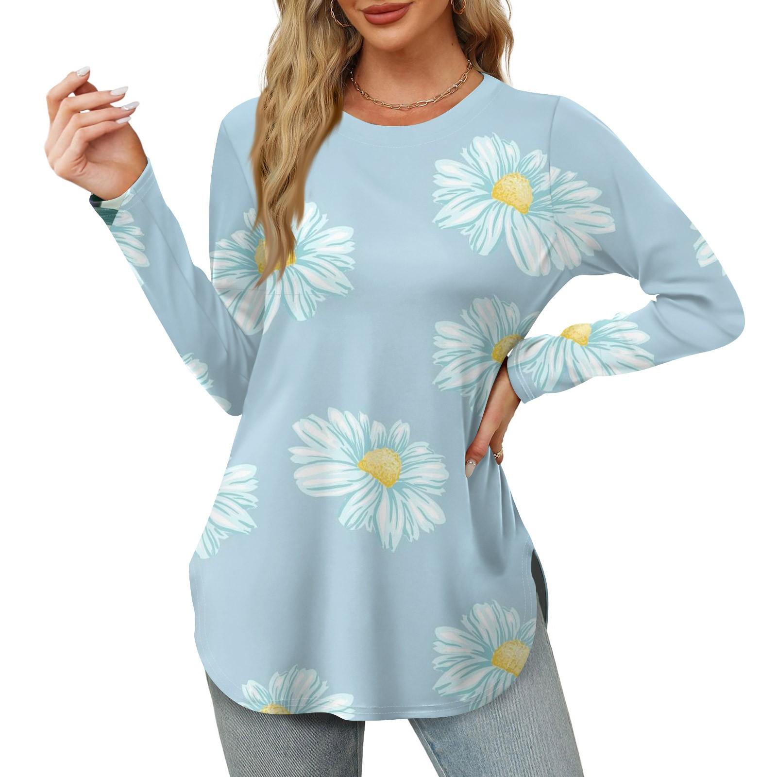

Женская рубашка с круглым вырезом и длинными рукавами, повседневный топ с цветочным принтом и разрезом по бокам, свободный топ XXL