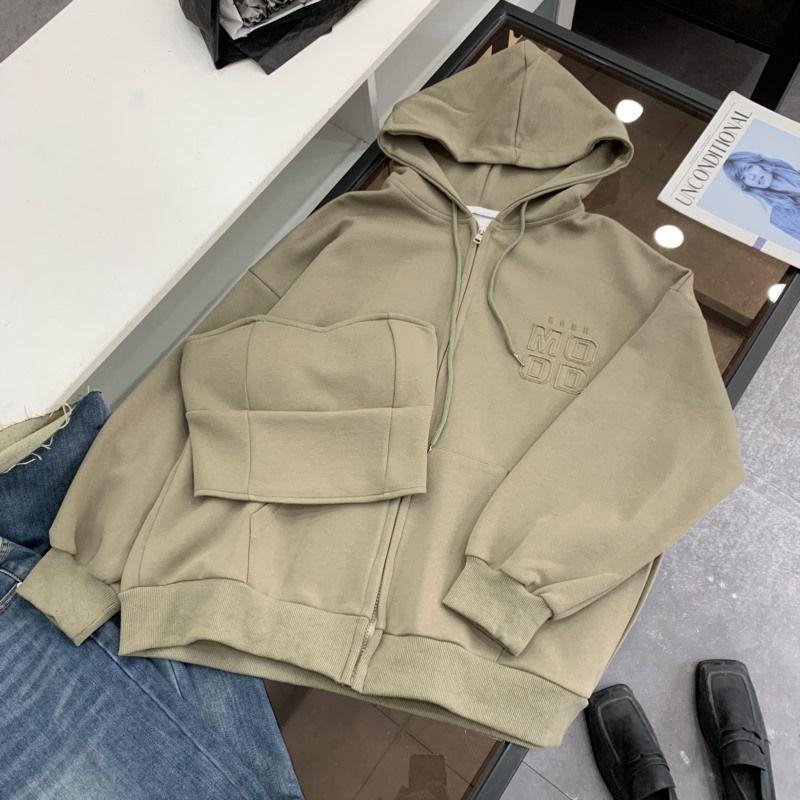 

Two-piece Set Tube Top Vest with Cap Loose Retro Lazy Style Cardigan Outwear Female L#20 Green 3 One size