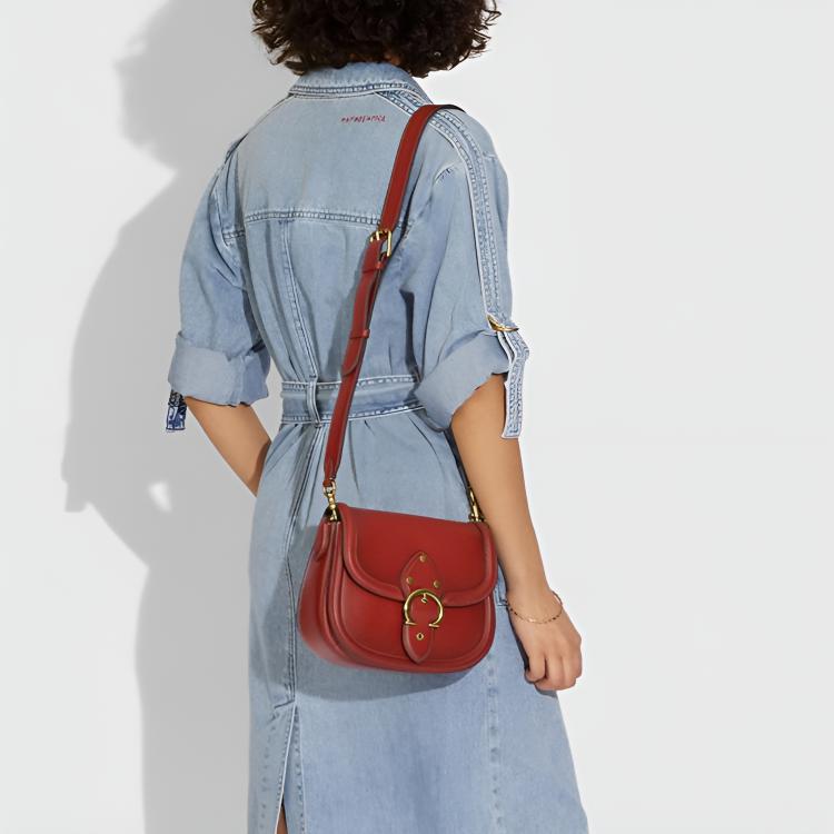 New COACH Beat Leather Saddle Bag, Shoulder Bag, Crossbody Bag Medium Women's Brown Red C0749-B4SAR