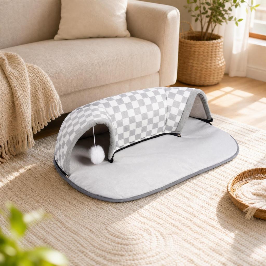 Cat Tunnel Bed with Fringe Ball Toy Cozy Oval Padded for Home