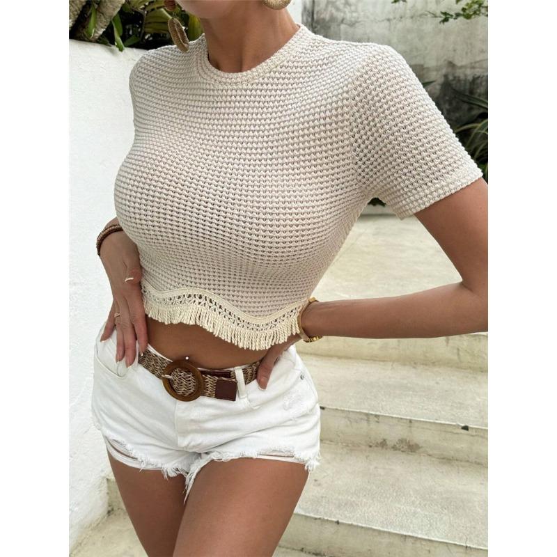 Round Neck Tassel Bottom Short T-shirt Spring/Summer New Women Slim Fit Crop Top Ladies Fashion Elegant Casual Solid Color Shirt Office Sweet Clothing