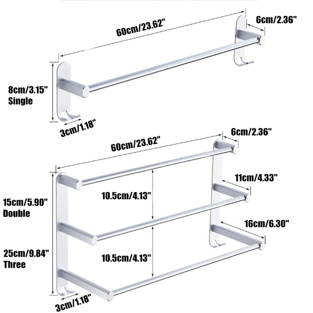 1/2/3 Tiers 60cm Wall Mounted Bathroom Aluminum Alloy Towel Bar Rail Matte Black/Silver Towel Holder Towel Hanger