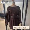 Women's Fashion Autumn Winter Solid Color Print O-Neck Long Sleeve  Casual Dresses