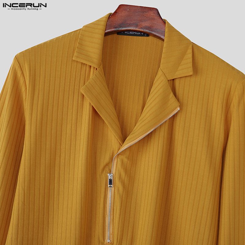 INCERUN Autumn Spring Men Zip-up Neck Long Sleeve Casual Rib Pullovers Tops