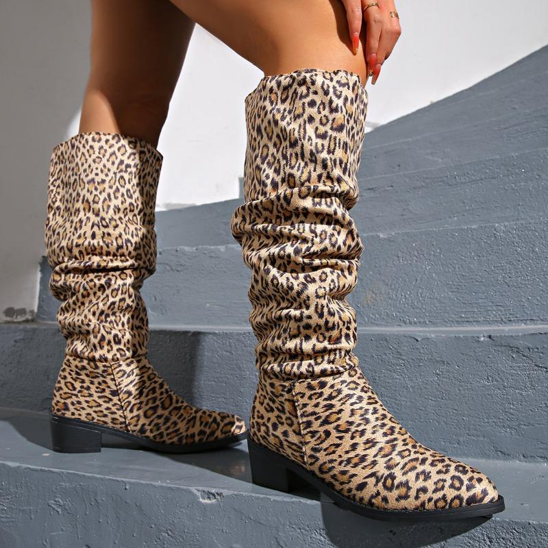 Leopard High Heels Women High Boots Pointed Toe Chunky Shoes Winter 2025 Trend Goth Knee High Casual Shoes Chelsea Botas Mujer