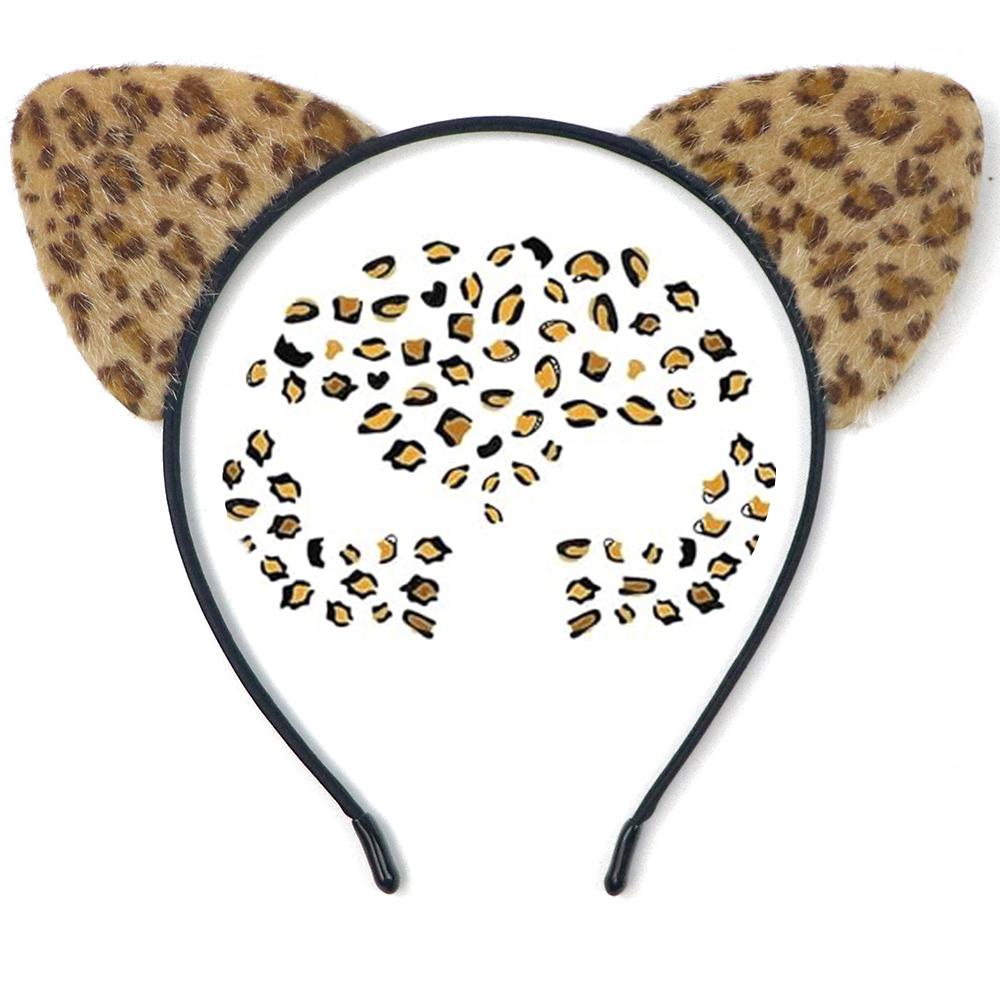 Leopard-print Plastic Cat-ear Costume Headband with Matching Temporary Tattoos for Adult Halloween Costumes коричневый