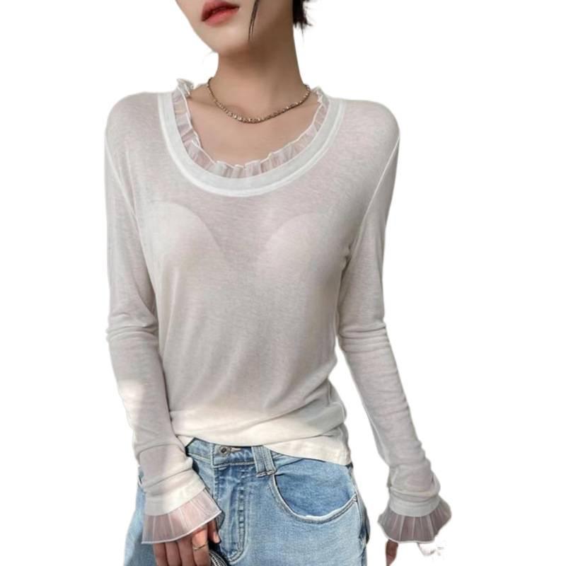 Women's Slim Fit White Lace Patchwork Long Sleeve Top