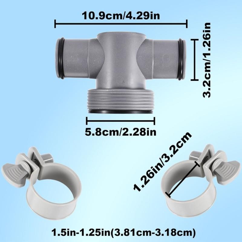 T Joint Pool Hose Adapter 1.5inch to 1.25inch Includes O Rings and Clamps Suitable for Above Ground Pool Filter Systems