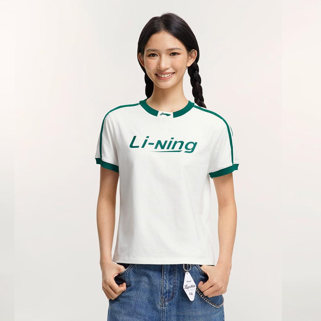 Li Ning Sports Lifestyle Series High Street American Vintage Comfortable Crew Neck Pullover Simple Short Sleeve T-Shirt Women T-Shirt AHSVB44-4