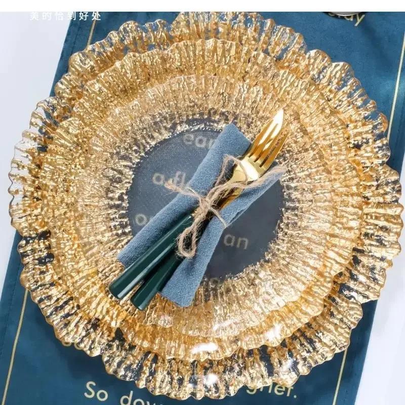Transparent Golden Glass Tray Coral Reef Charging Board Round Dinner Set Plates and Dishes Wedding Christmas Decoration