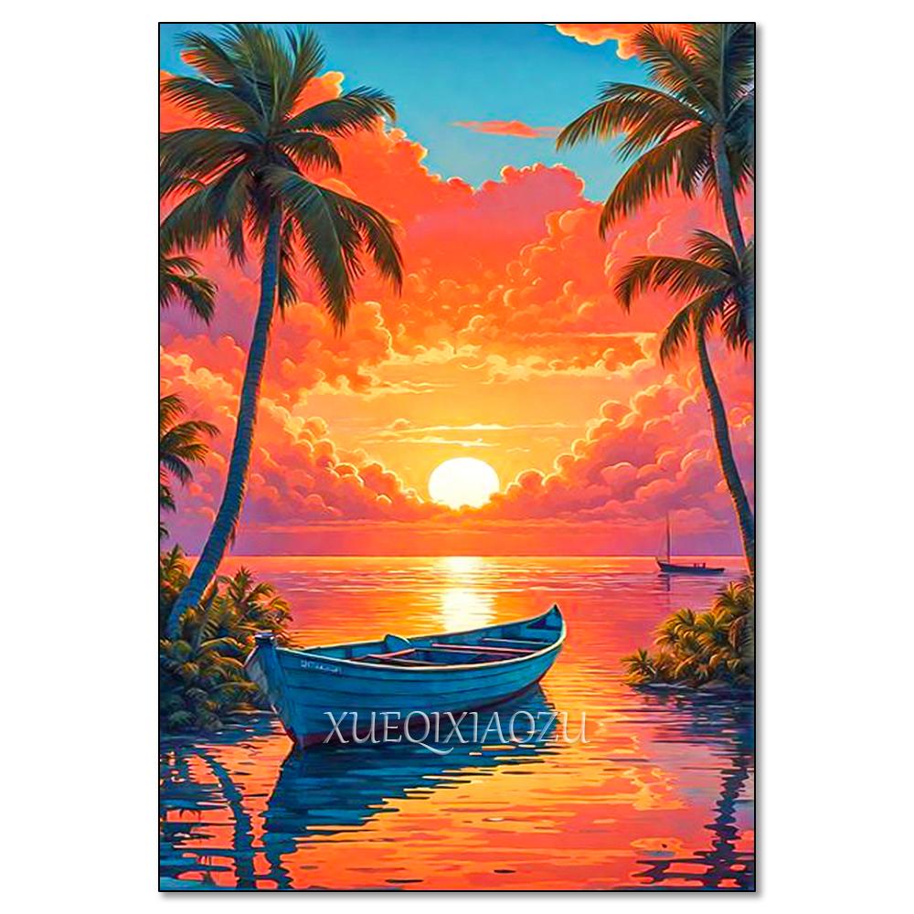 Cactus Sailboat Sunset 5D DIY Diamond Painting Kit Landscape Full Diamond Mosaic Cross Stitch Kit Room Decoration Gift