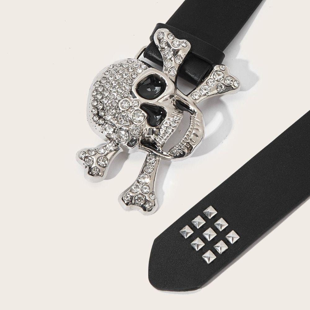Rhinestone Black Rivet Belt Adjustable Skeleton Belt Skull Wide Waistband Trouser Decoration
