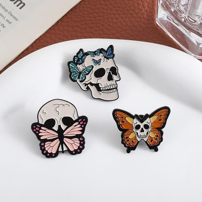Butterfly Skeleton Skull Enamel Pins Custom Halloween Horror Brooches Lapel Badges Clothes Punk Jewelry Gift for Kids Friends